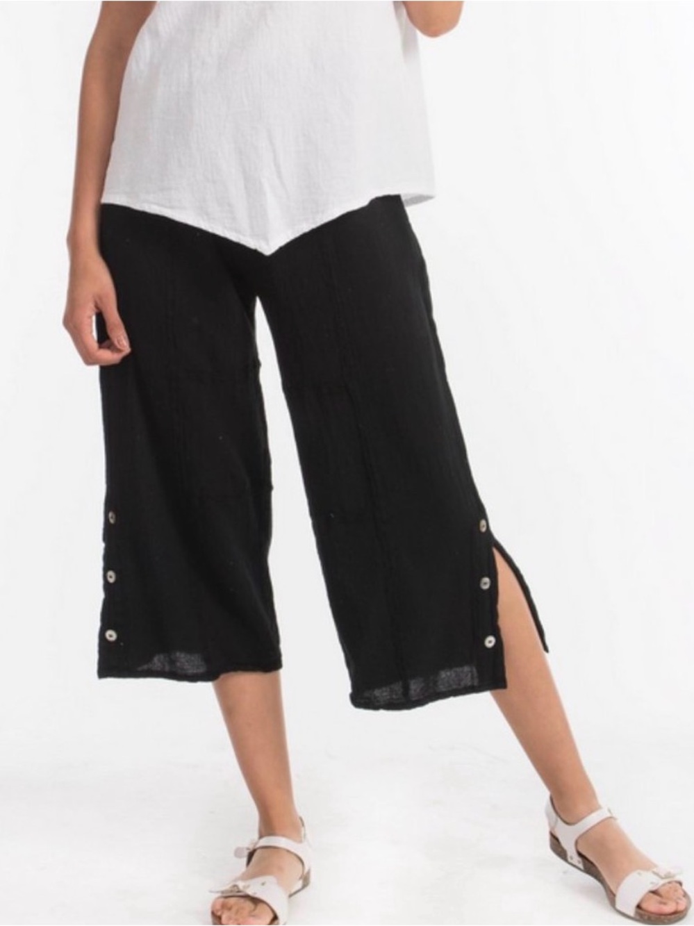 CottonWays Women's Size 0/XS Black Cotton Frankie Pants Wide Leg Crop Slit